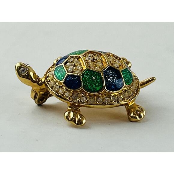 Vintage Turtle Pin Brooch Rhinestones Blue Enamel Shell 1.5" Pave Style Goldtone - Picture 1 of 10